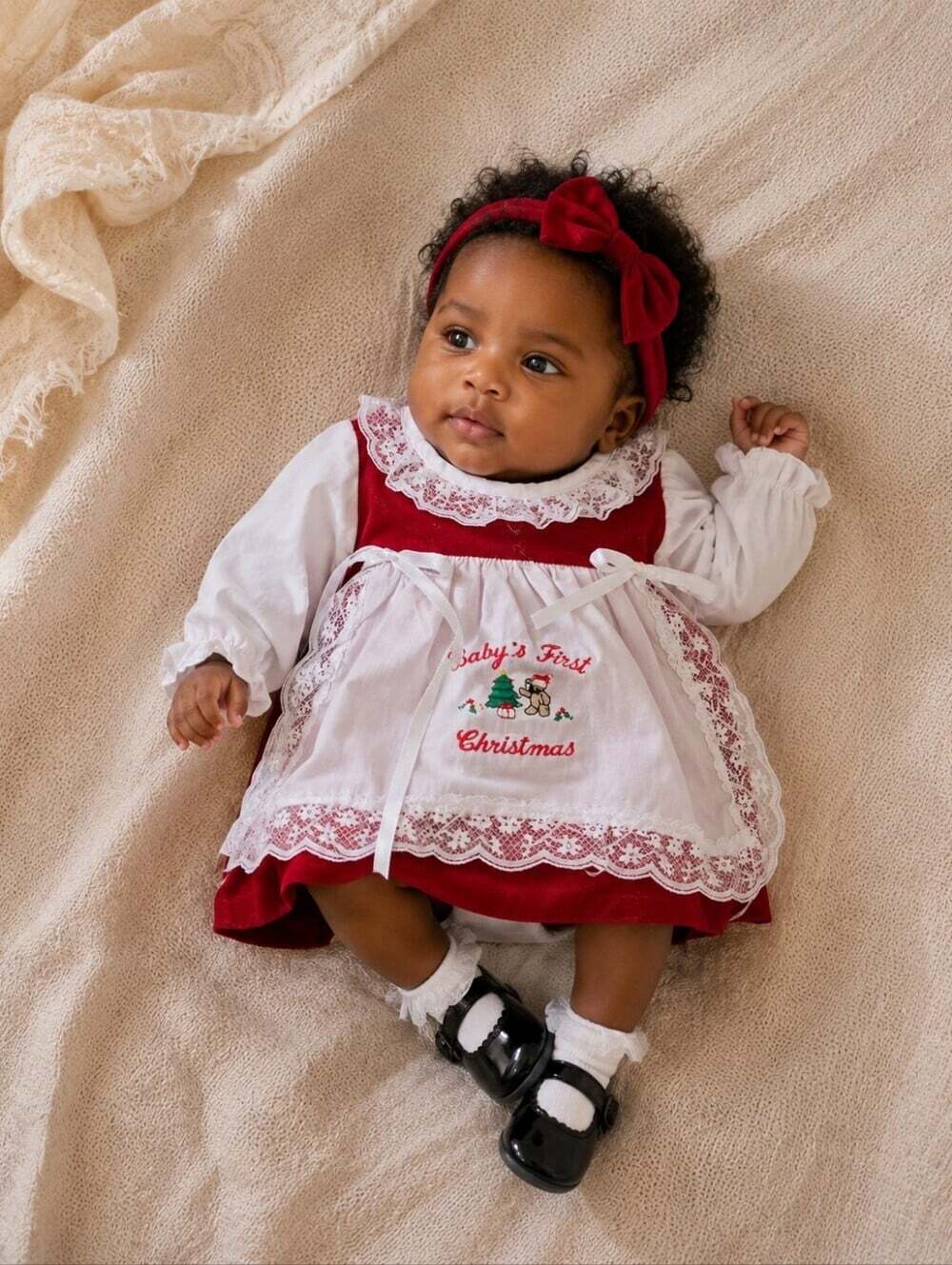 Vintage Charming Original Baby First Christmas Red Velvet Lace Dress 0/3M